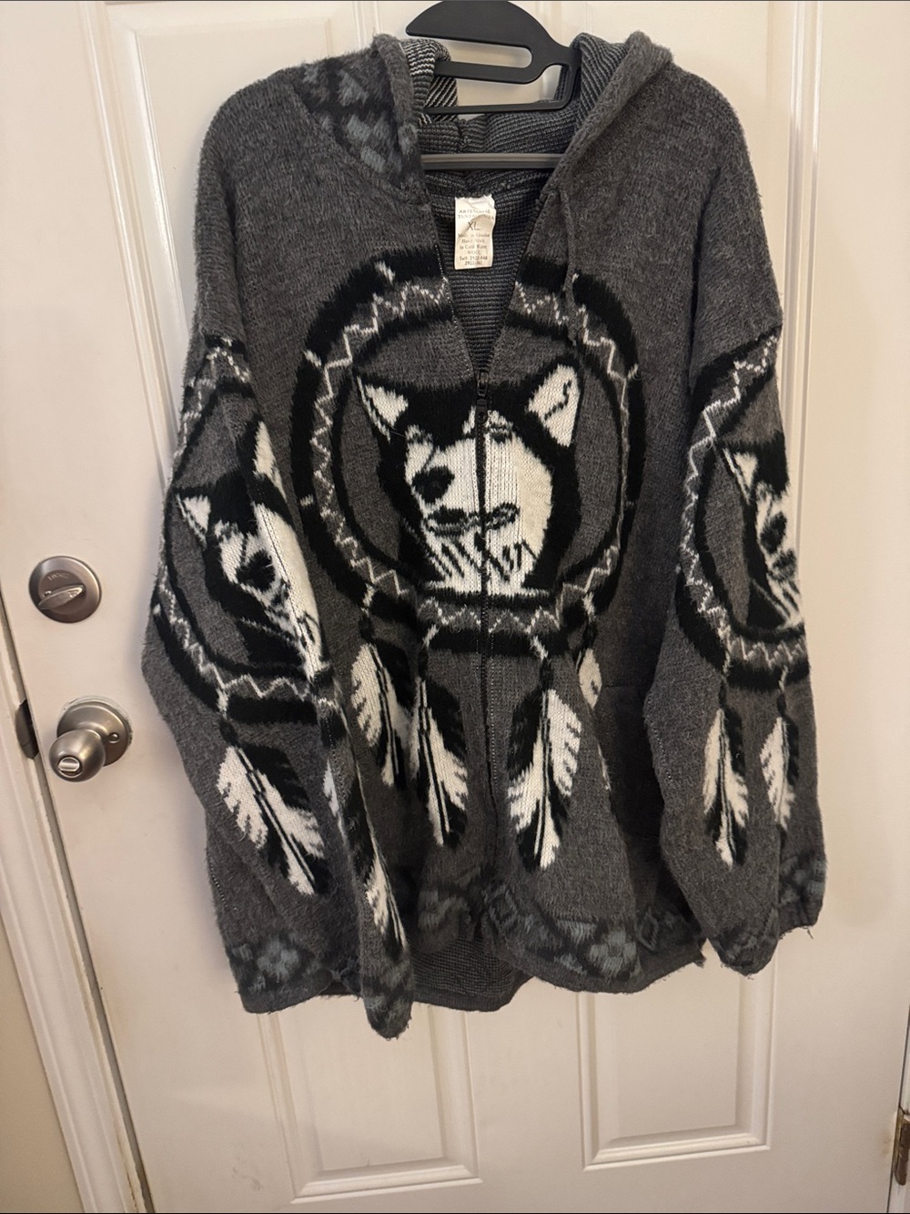Gray Zip-Up Hoodie Sweater with Wolf & Dreamcatcher Motif